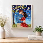 Finished romantic embrace under the moon artwork displayed on a wall