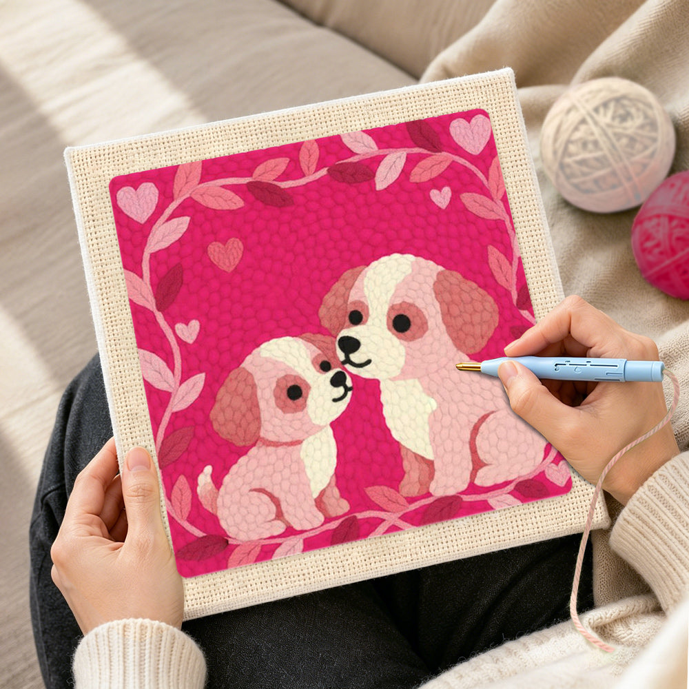 Creating handmade romantic puppy couple punch needle artwork