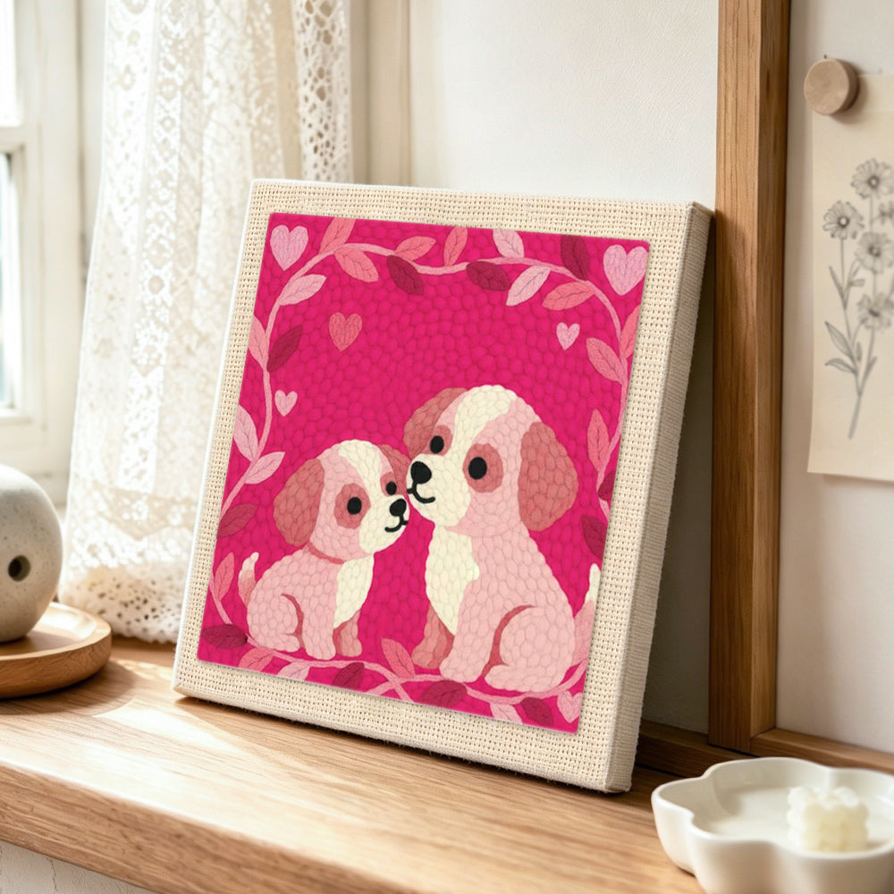Romantic puppy couple punch needle artwork displayed on a table