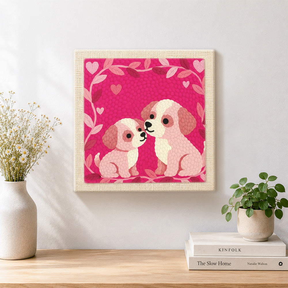 Finished romantic puppy couple artwork displayed on a wall