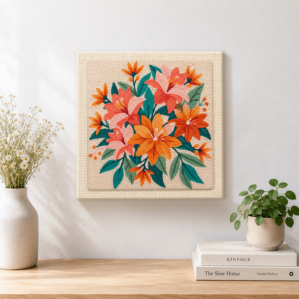 Finished romantic stargazer lilies artwork displayed on a wall
