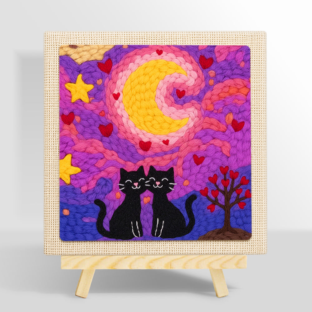 Romantic starry night cat couple punch needle kit for beginners