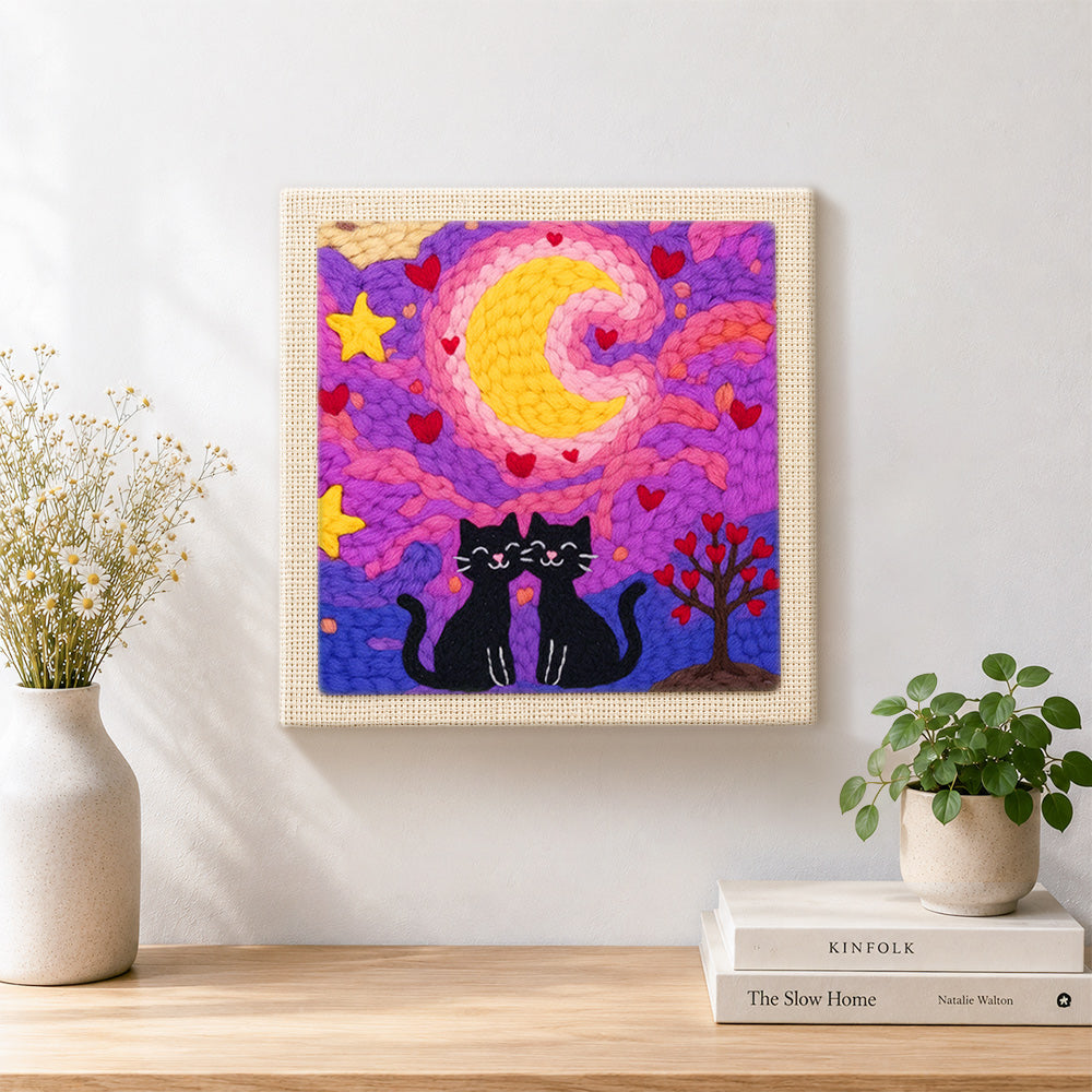 Finished romantic starry night cat couple artwork displayed on a wall