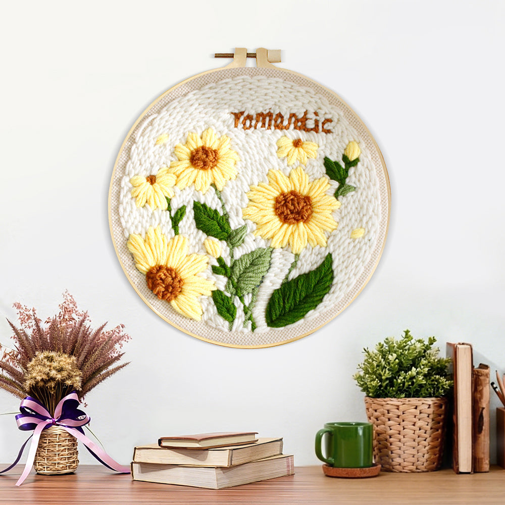 Finished romantic yellow sunflowers artwork displayed on a wall