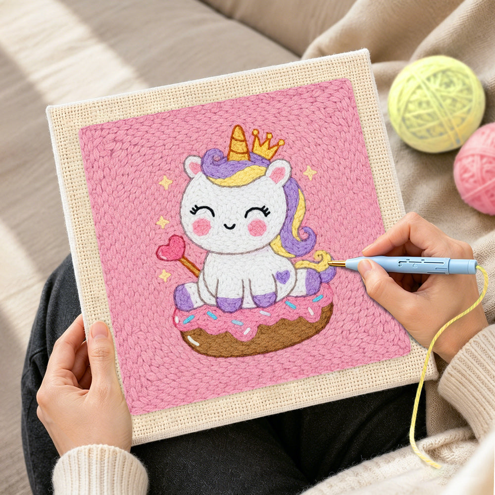 Creating handmade royal unicorn on donut punch needle artwork