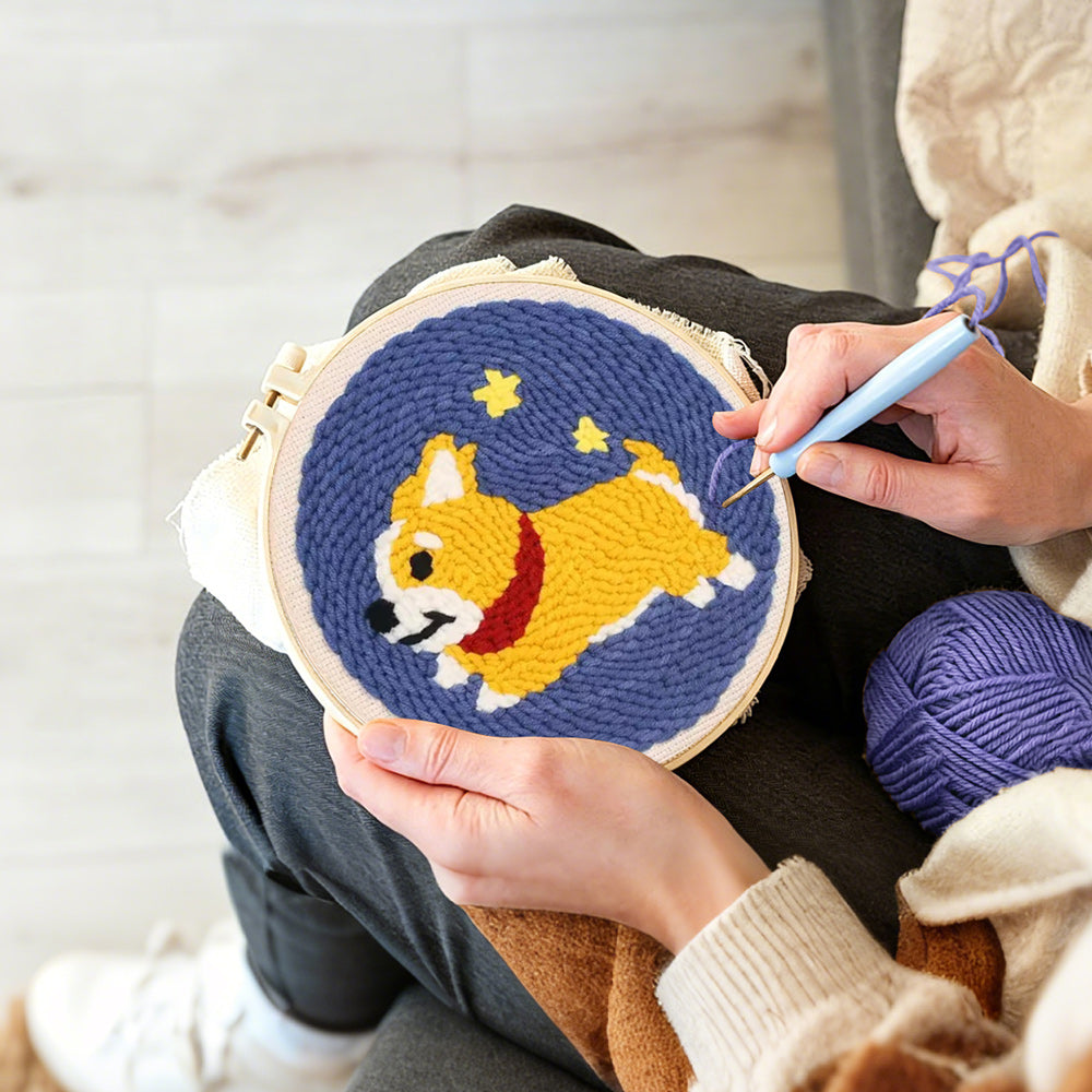 Creating handmade running corgi with stars punch needle artwork