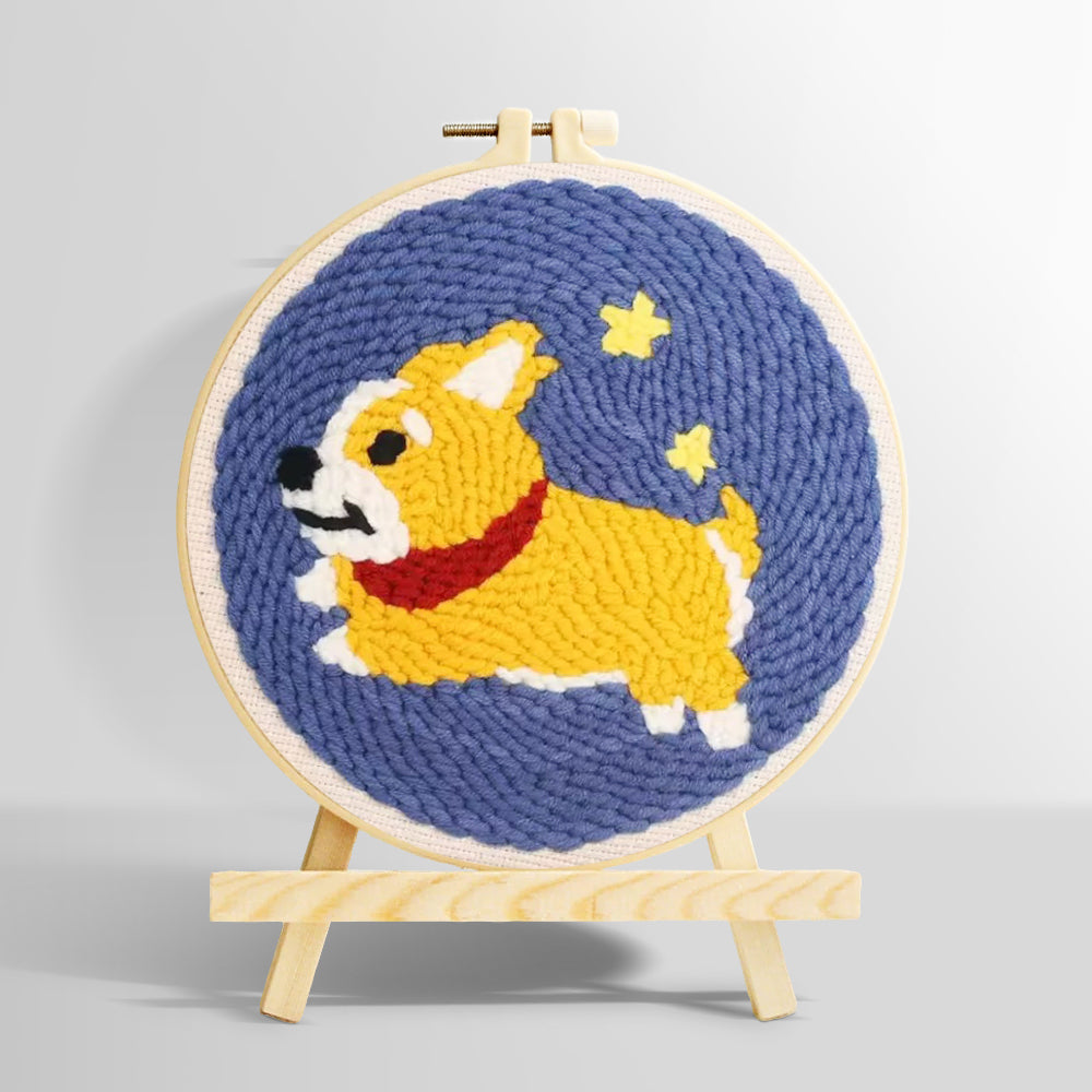 Running corgi with stars punch needle kit for beginners