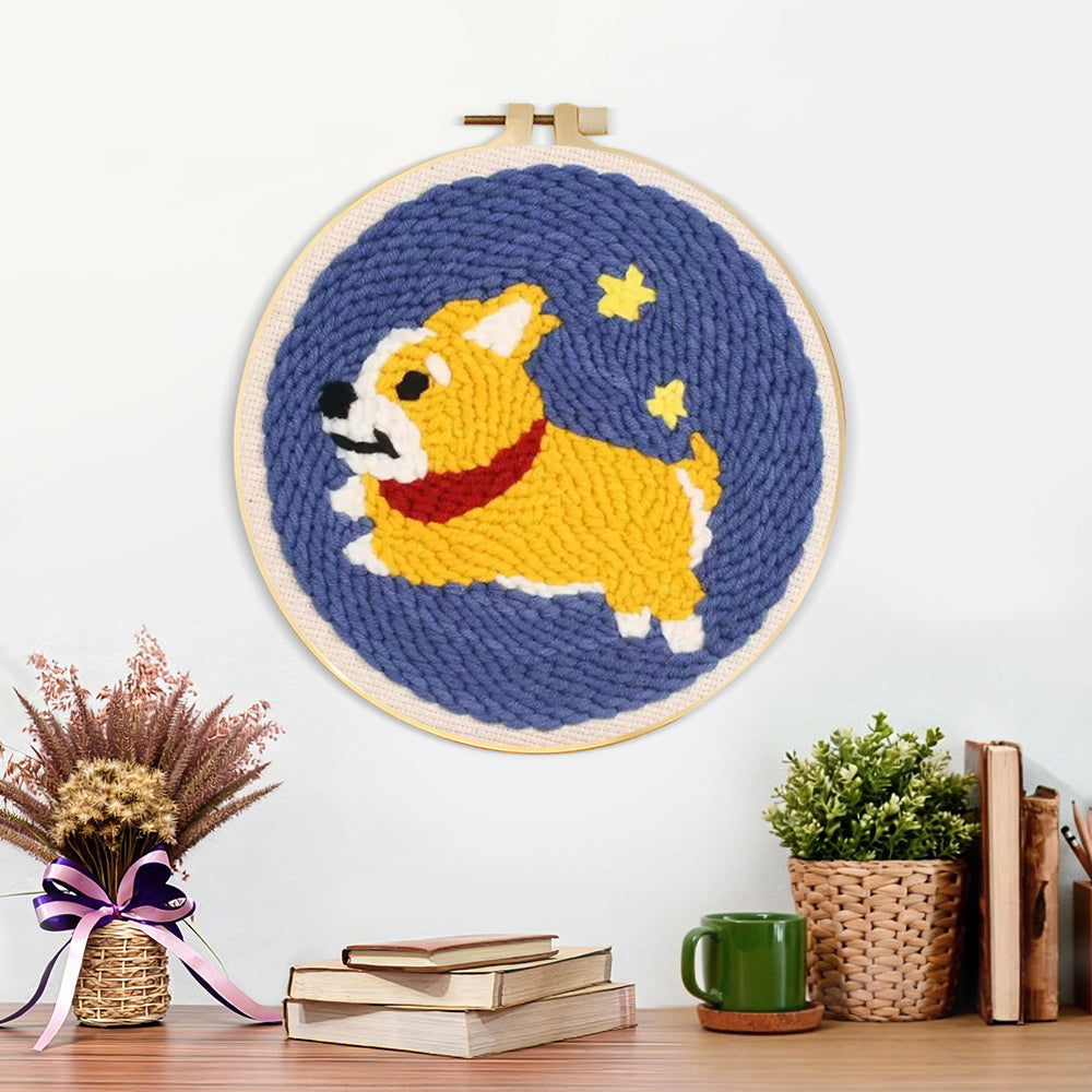 Finished running corgi with stars artwork displayed on a wall