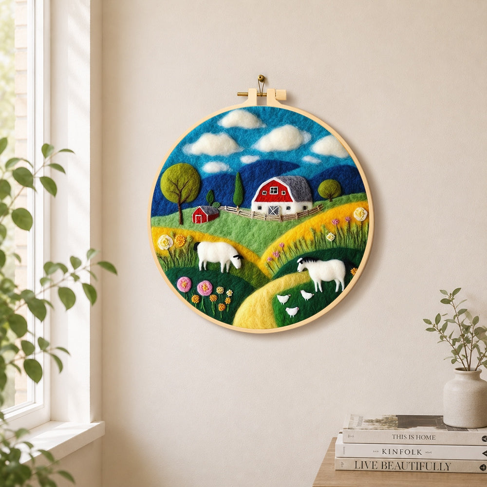 Rustic farmhouse and goats needle felt wall art displayed in a bright home interior