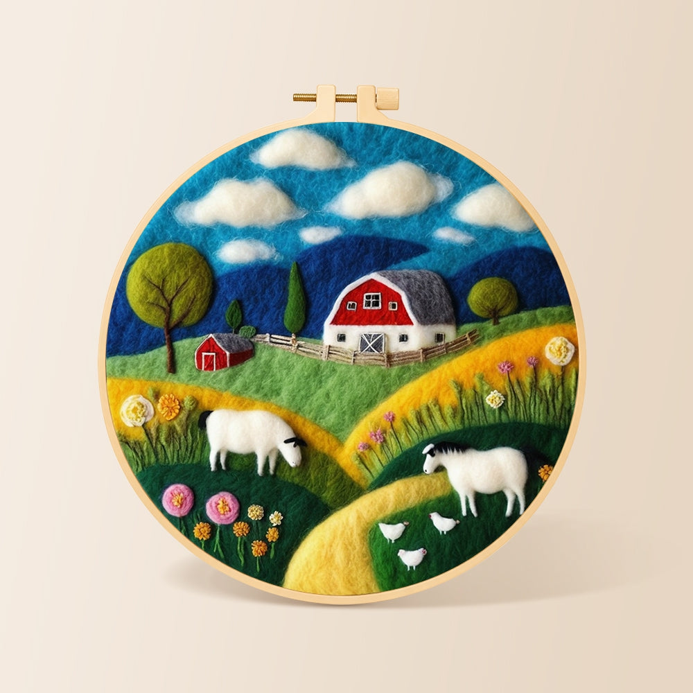 Rustic farmhouse and goats needle felting kit for beginners with a round wooden frame