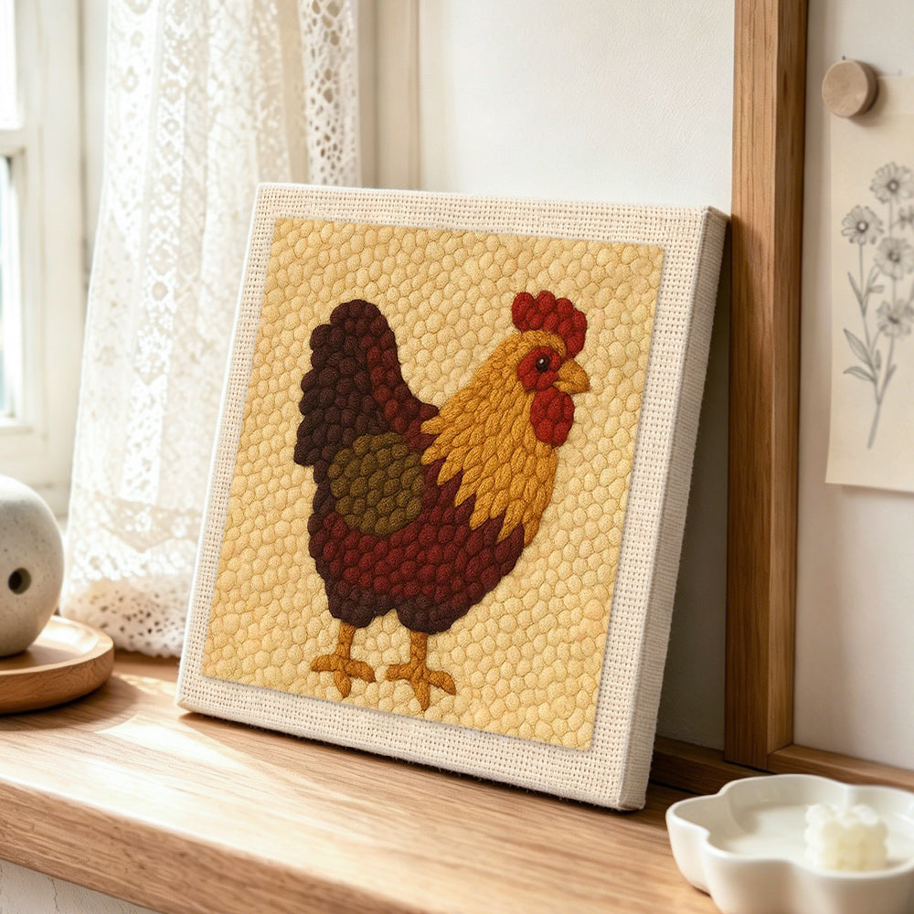 Rustic farmhouse rooster punch needle artwork displayed on a table