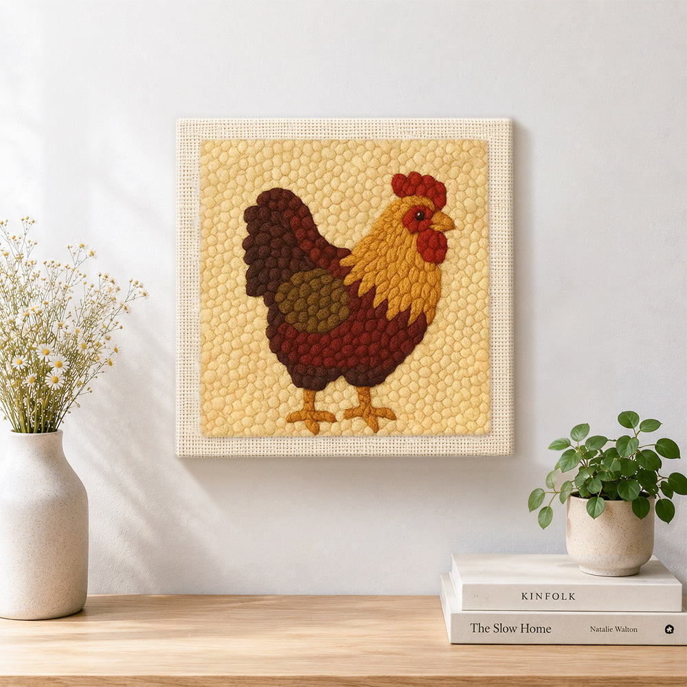 Finished rustic farmhouse rooster artwork displayed on a wall
