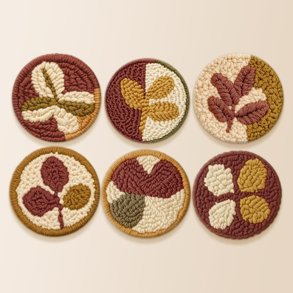 Rustic leaves punch needle coaster kit finished handmade coasters
