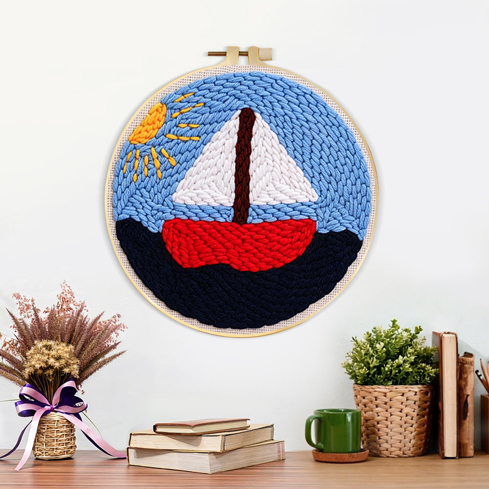 Finished sailboat on the sea under the sunlight artwork displayed on a wall