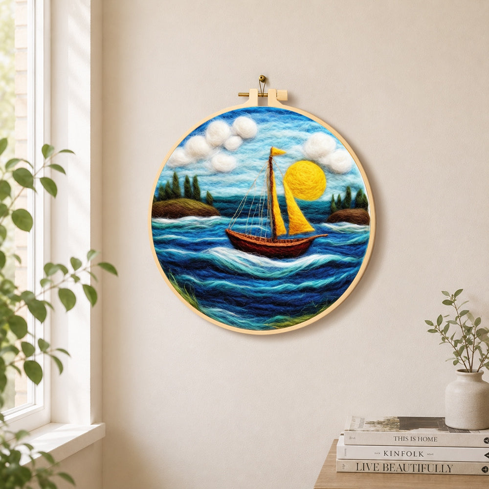 Sailing into the sun needle felt wall art displayed in a bright home interior
