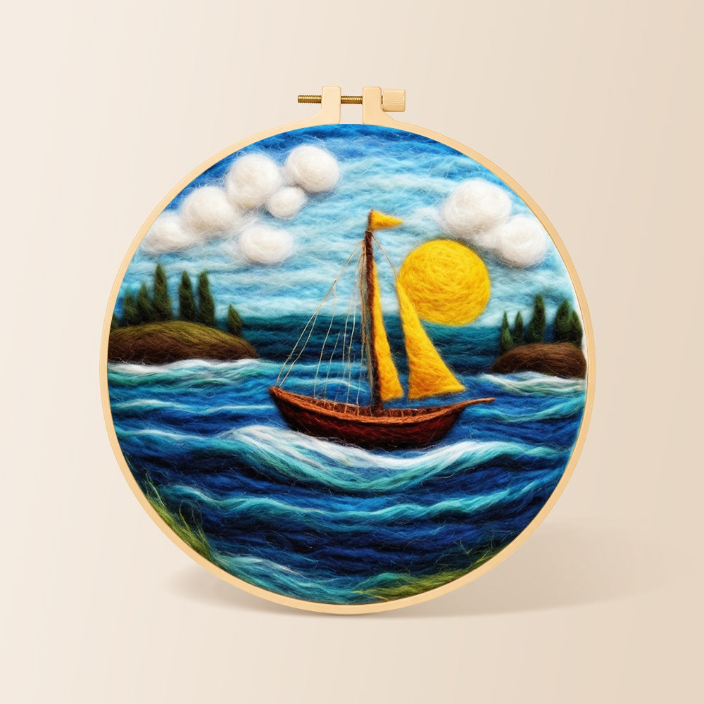 Sailing into the sun needle felting kit for beginners with a round wooden frame