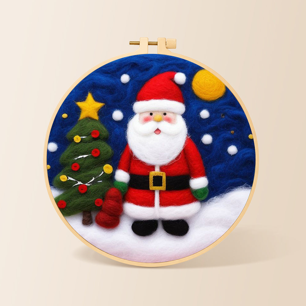 Santa and christmas tree needle felting kit for beginners with a round wooden frame