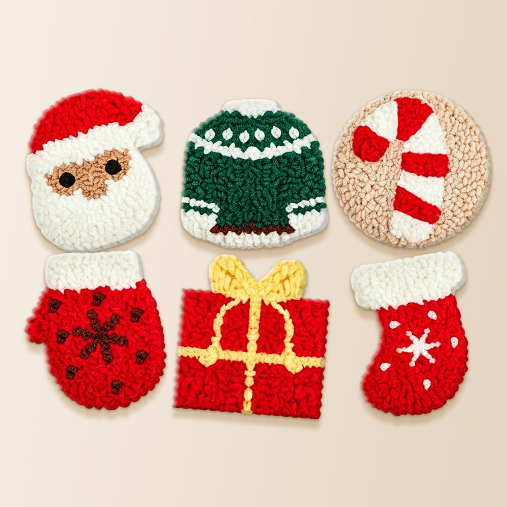 Santa, glove and gift punch needle coaster kit finished handmade coasters