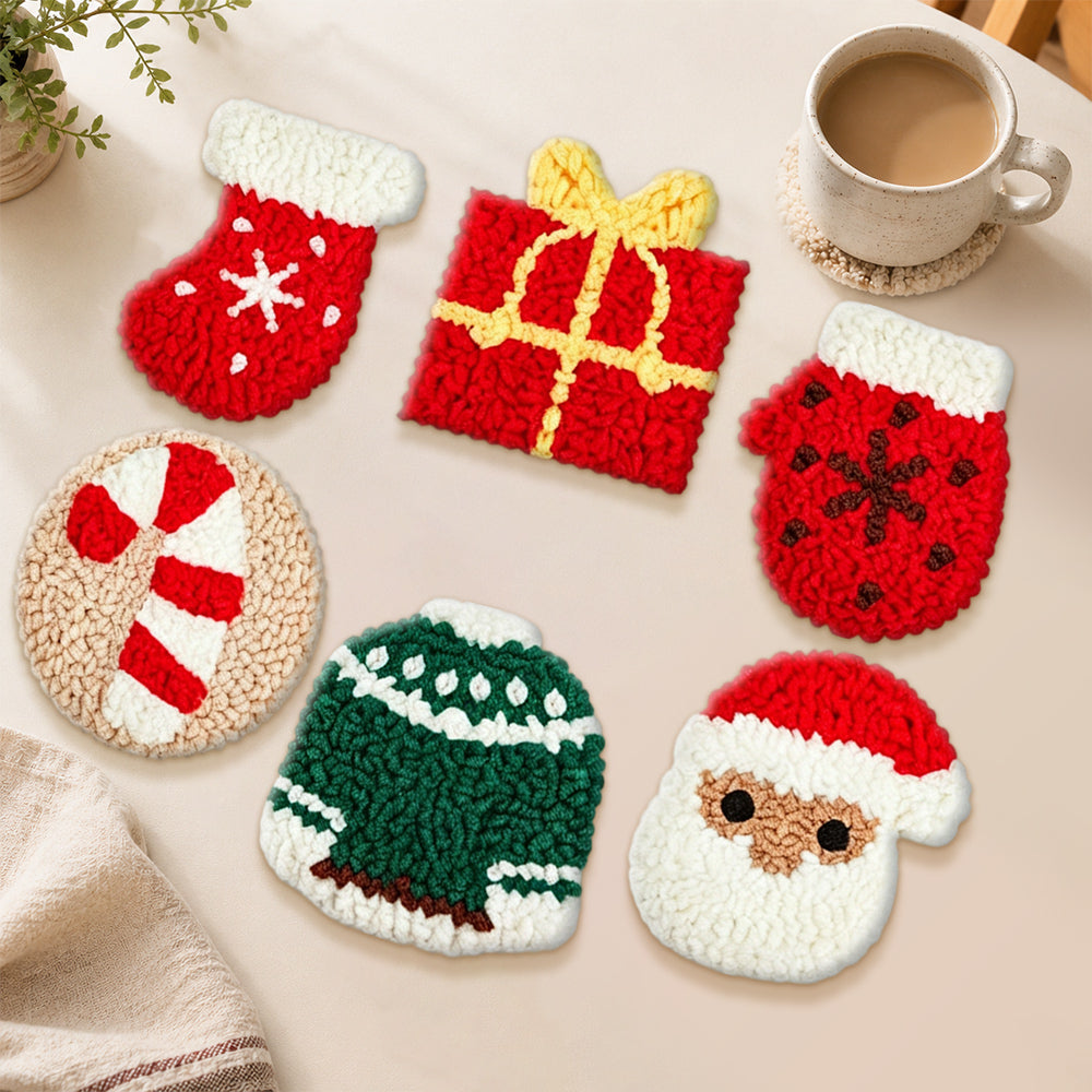 Santa, glove and gift punch needle coasters used for home decoration