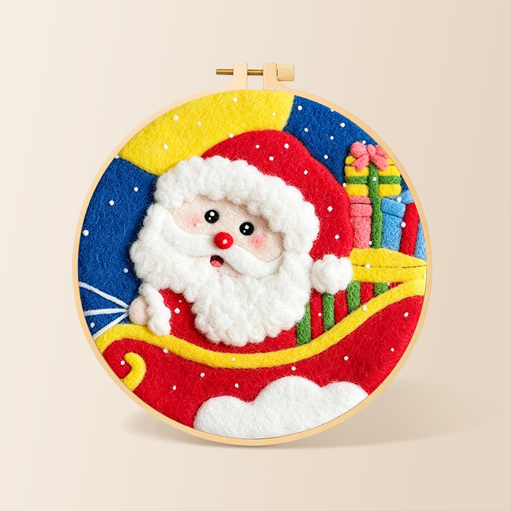 Santa in sleigh with gifts needle felting kit for beginners with a round wooden frame