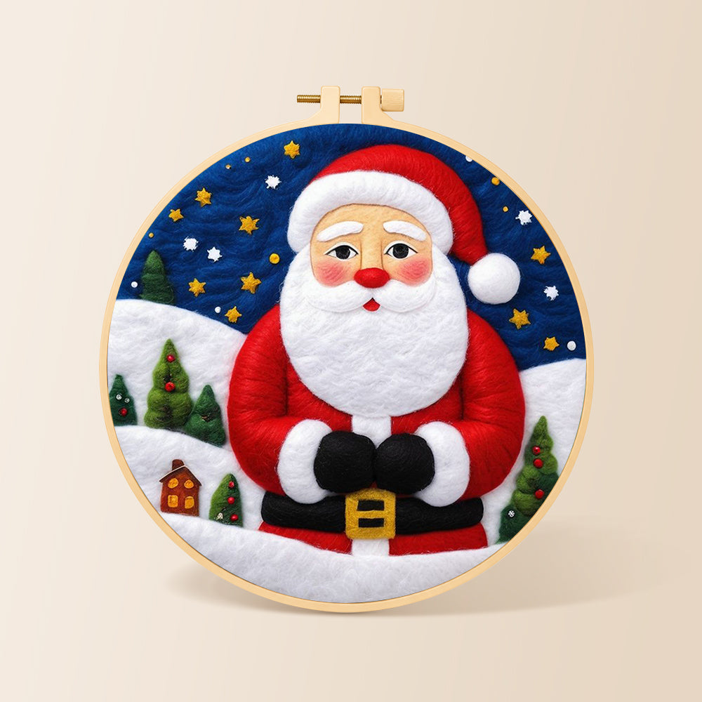 Santa with mini village needle felting kit for beginners with a round wooden frame