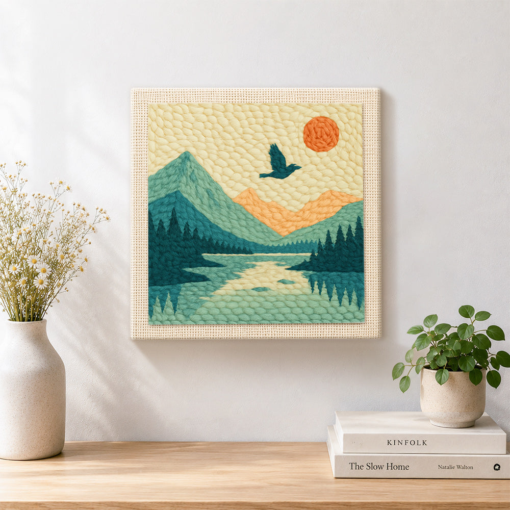 Finished scenic mountain landscape artwork displayed on a wall
