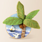 Seagull, palm tree and sailboat needle felting kit for beginners with a round wooden frame