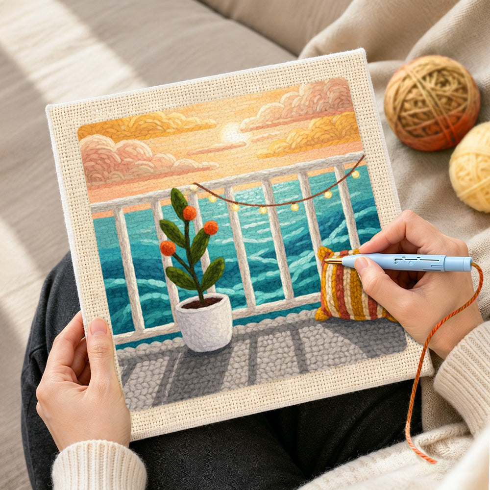 Creating handmade seaview balcony sunset and potted plant punch needle artwork
