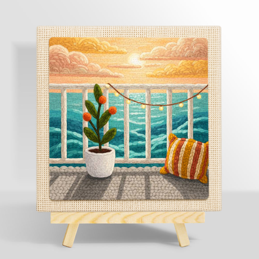 Seaview balcony sunset and potted plant punch needle kit for beginners