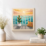 Finished seaview balcony sunset and potted plant artwork displayed on a wall