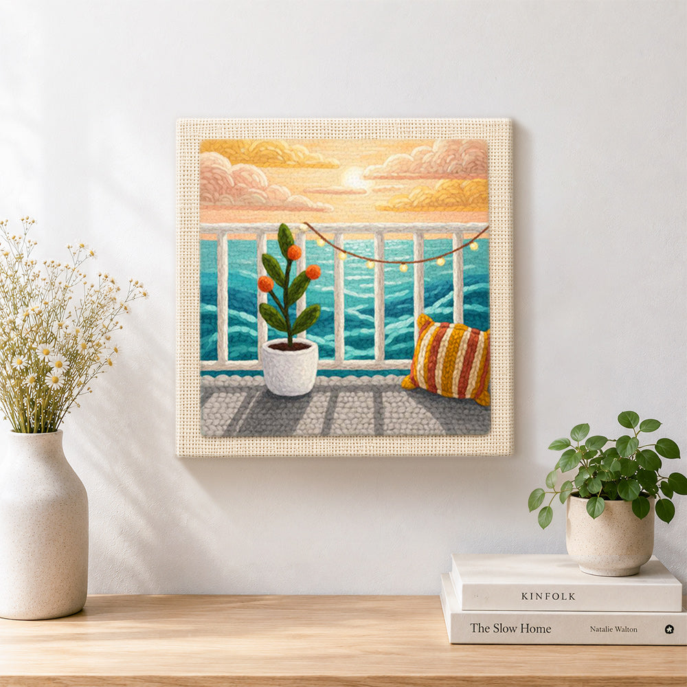 Finished seaview balcony sunset and potted plant artwork displayed on a wall