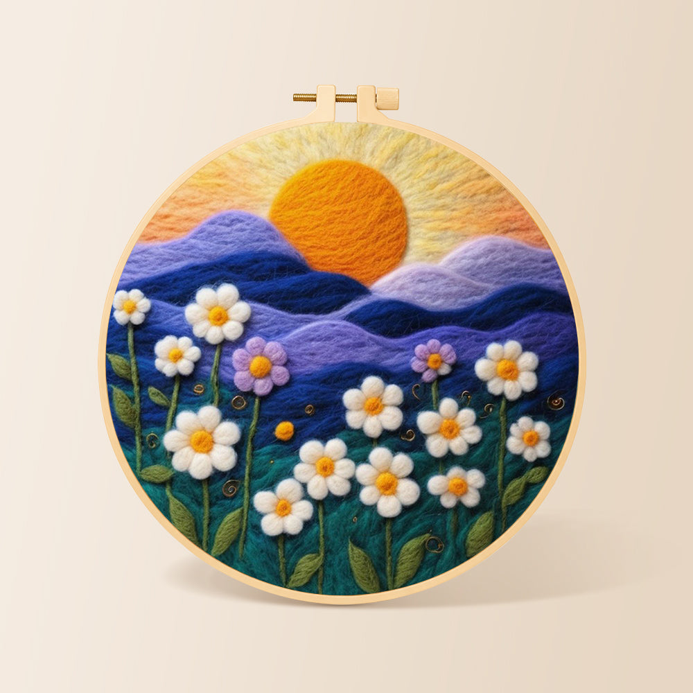 Serene mountain sunset and white daisies needle felting kit for beginners with a round wooden frame