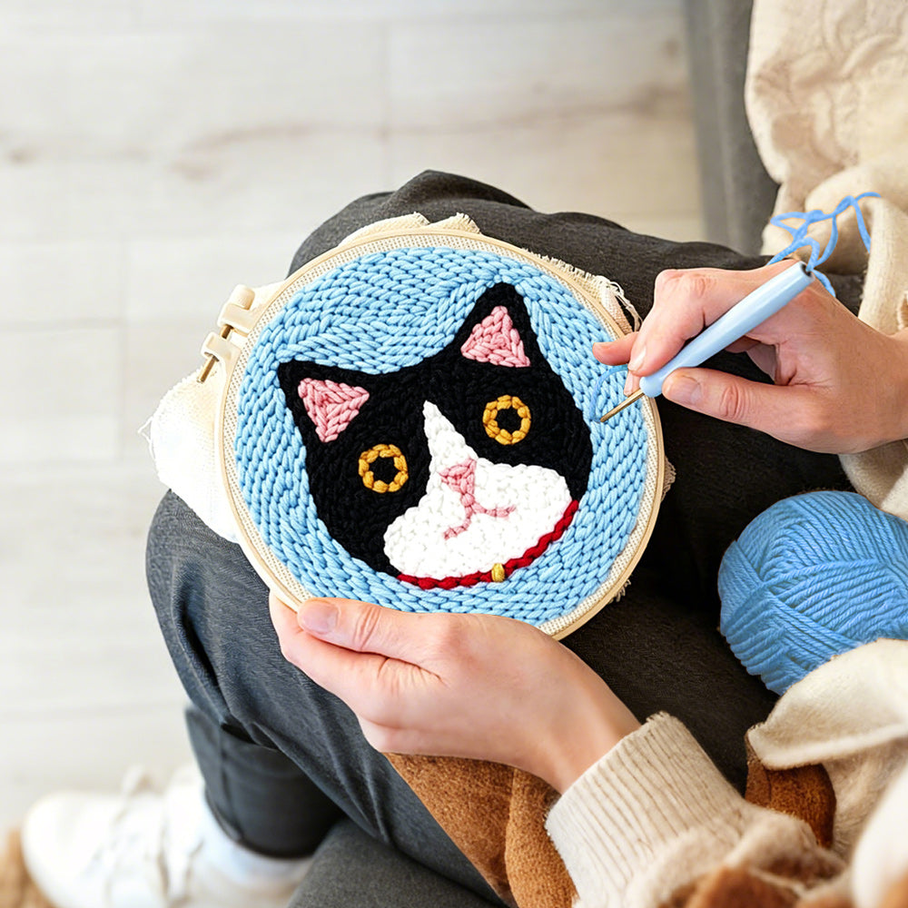 Creating handmade serious cat punch needle artwork