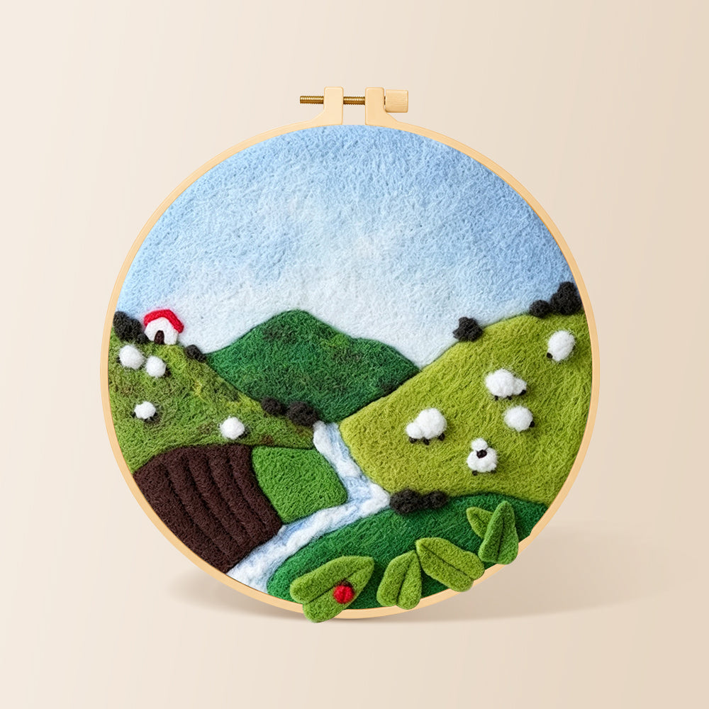 Sheep on the green hillside needle felting kit for beginners with a round wooden frame