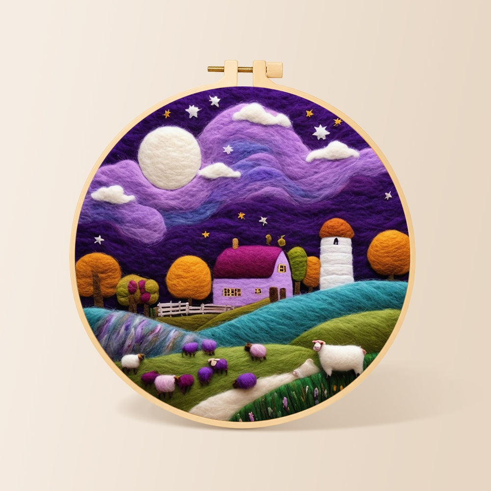 Sheep under the dreamy purple night sky needle felting kit for beginners with a round wooden frame