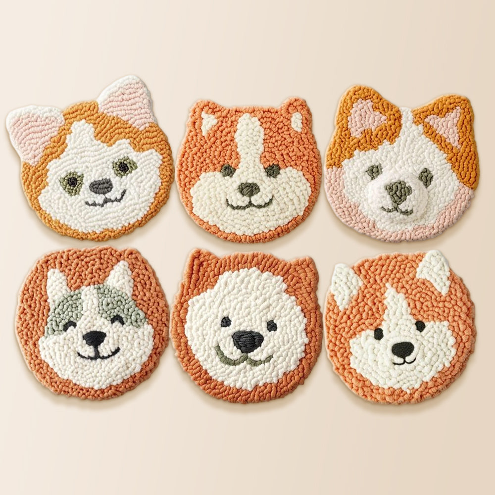 Shiba inu and corgi punch needle coaster kit finished handmade coasters