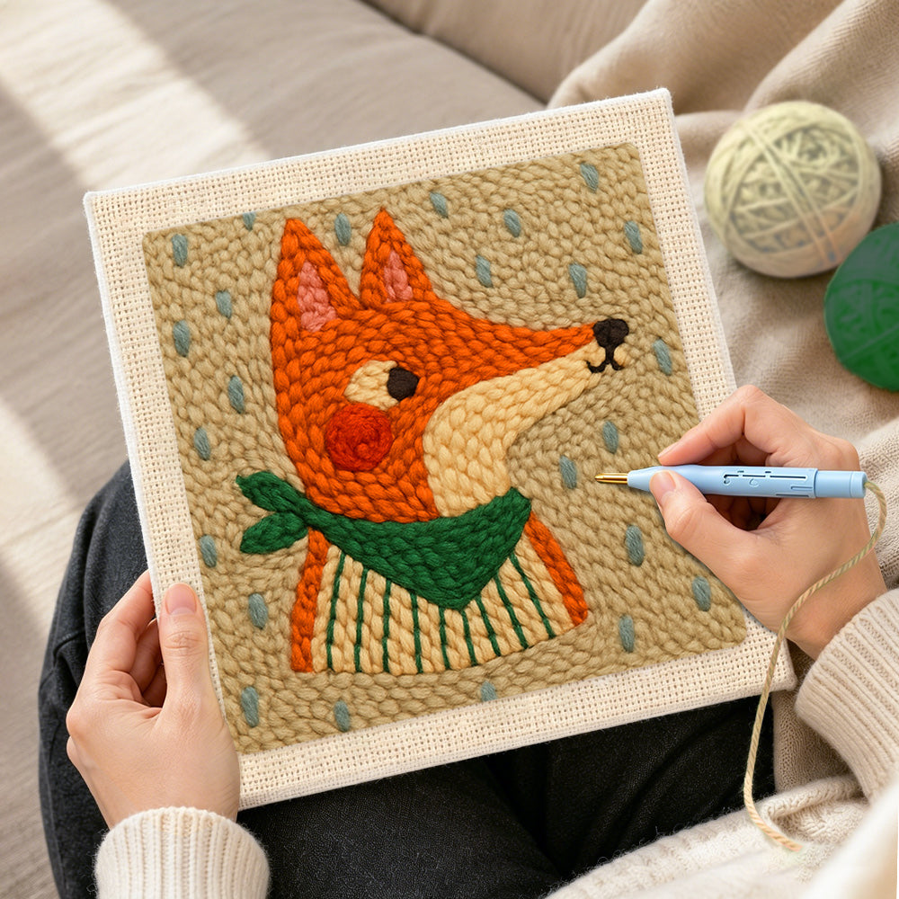 Creating handmade side-profile fox with green scarf punch needle artwork