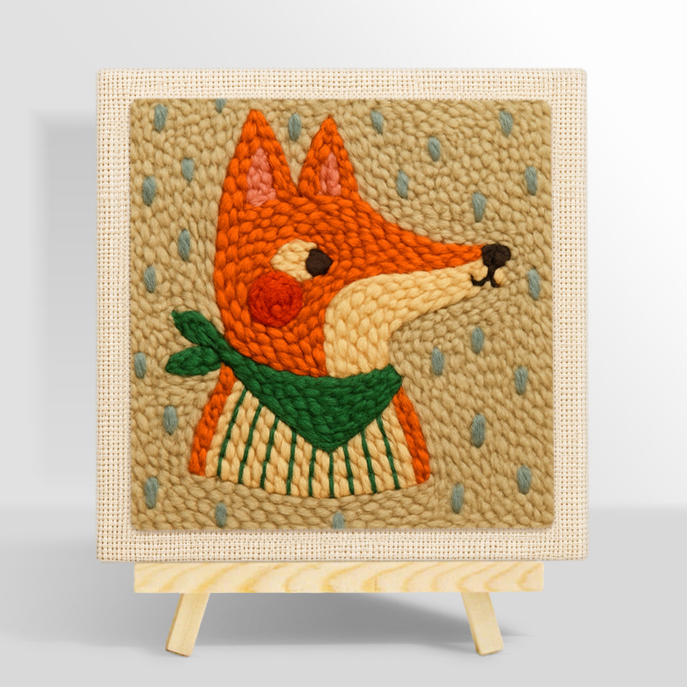 Side-profile fox with green scarf punch needle kit for beginners