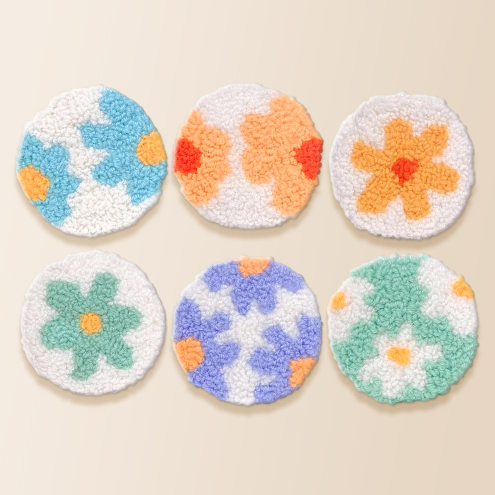 Simple and colourful flowers punch needle coaster kit finished handmade coasters