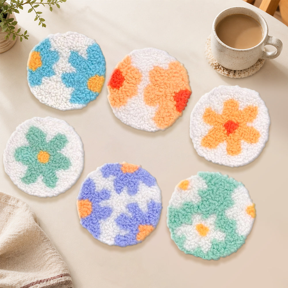 Simple and colourful flowers punch needle coasters used for home decoration