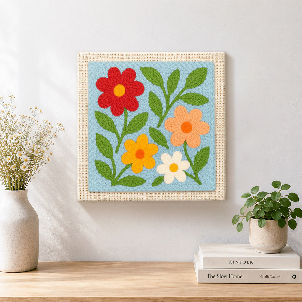 Finished simple and colourful wildflowers artwork displayed on a wall