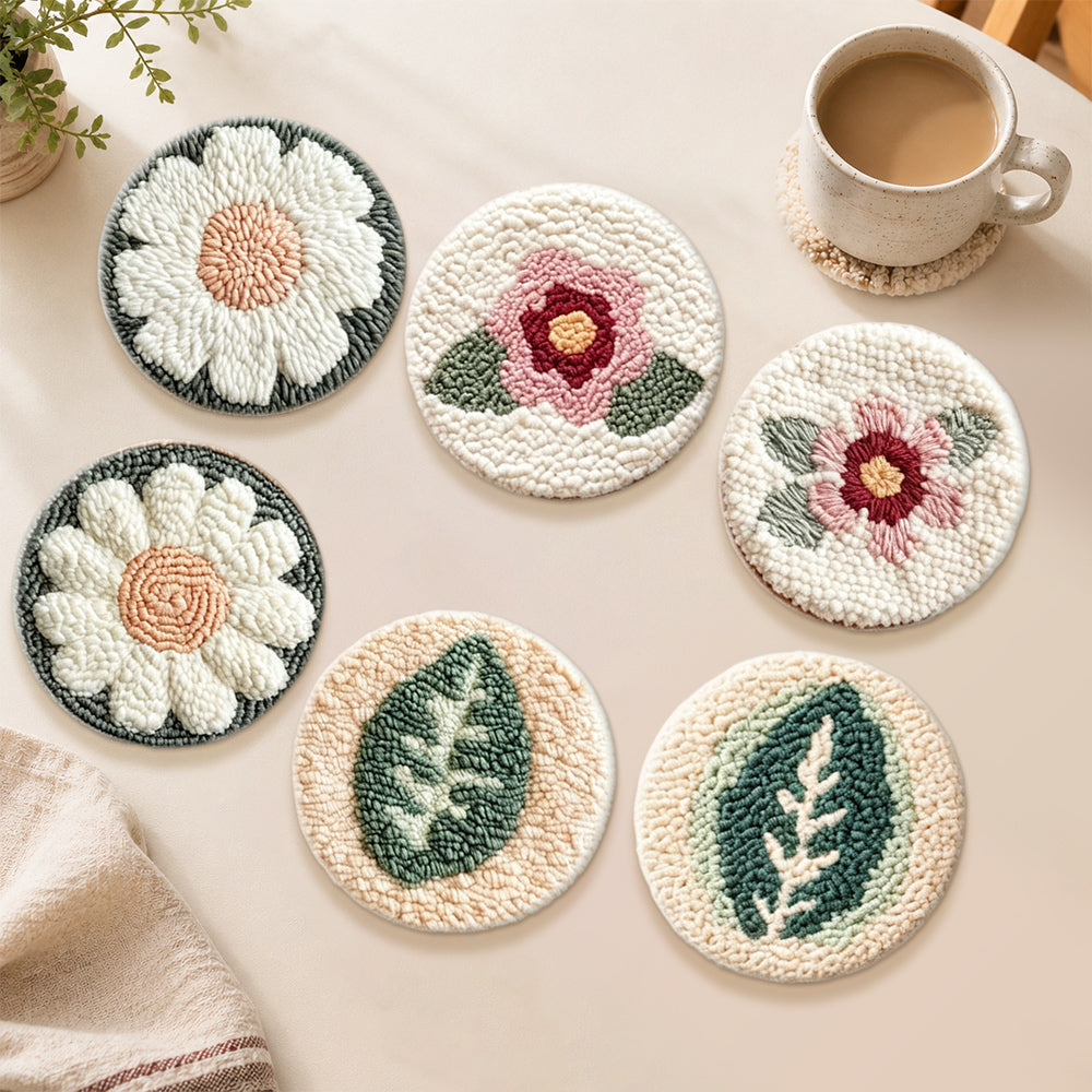 Simple daisies and leaves punch needle coasters used for home decoration