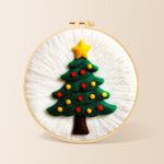 Simple green christmas tree needle felting kit for beginners with a round wooden frame
