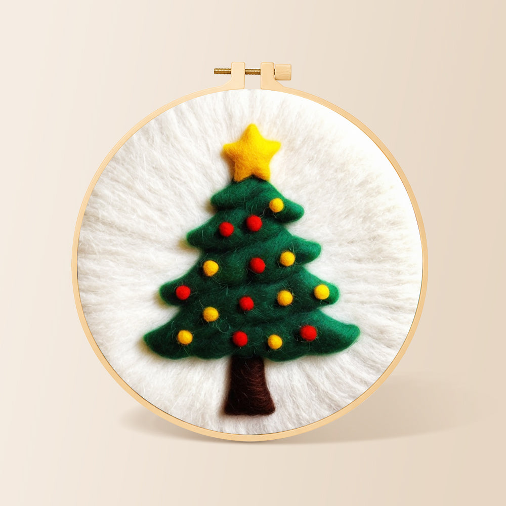 Simple green christmas tree needle felting kit for beginners with a round wooden frame