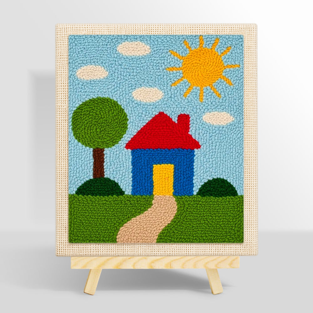 Simple sunny house and green tree punch needle kit for beginners