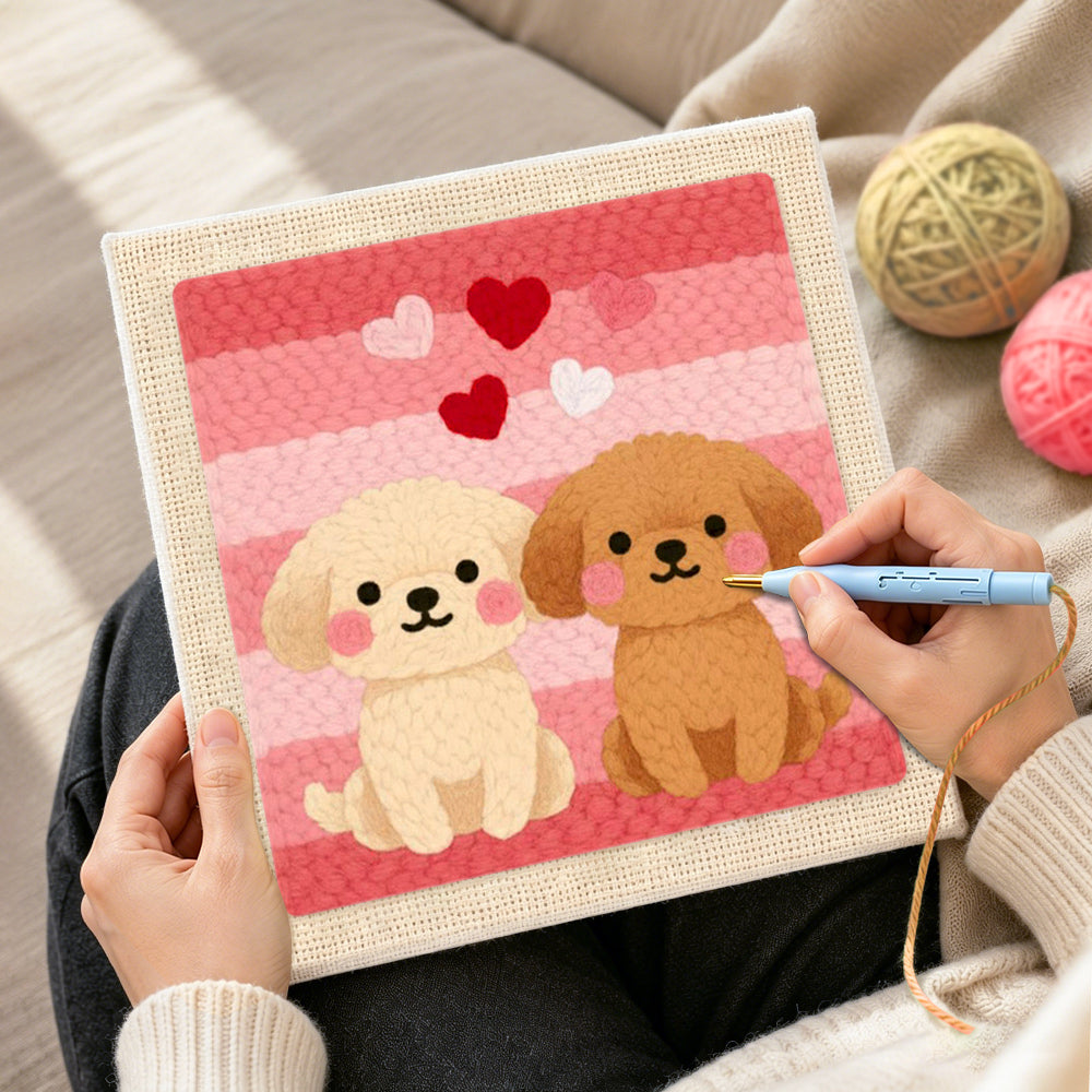 Creating handmade sitting puppies and romantic hearts punch needle artwork