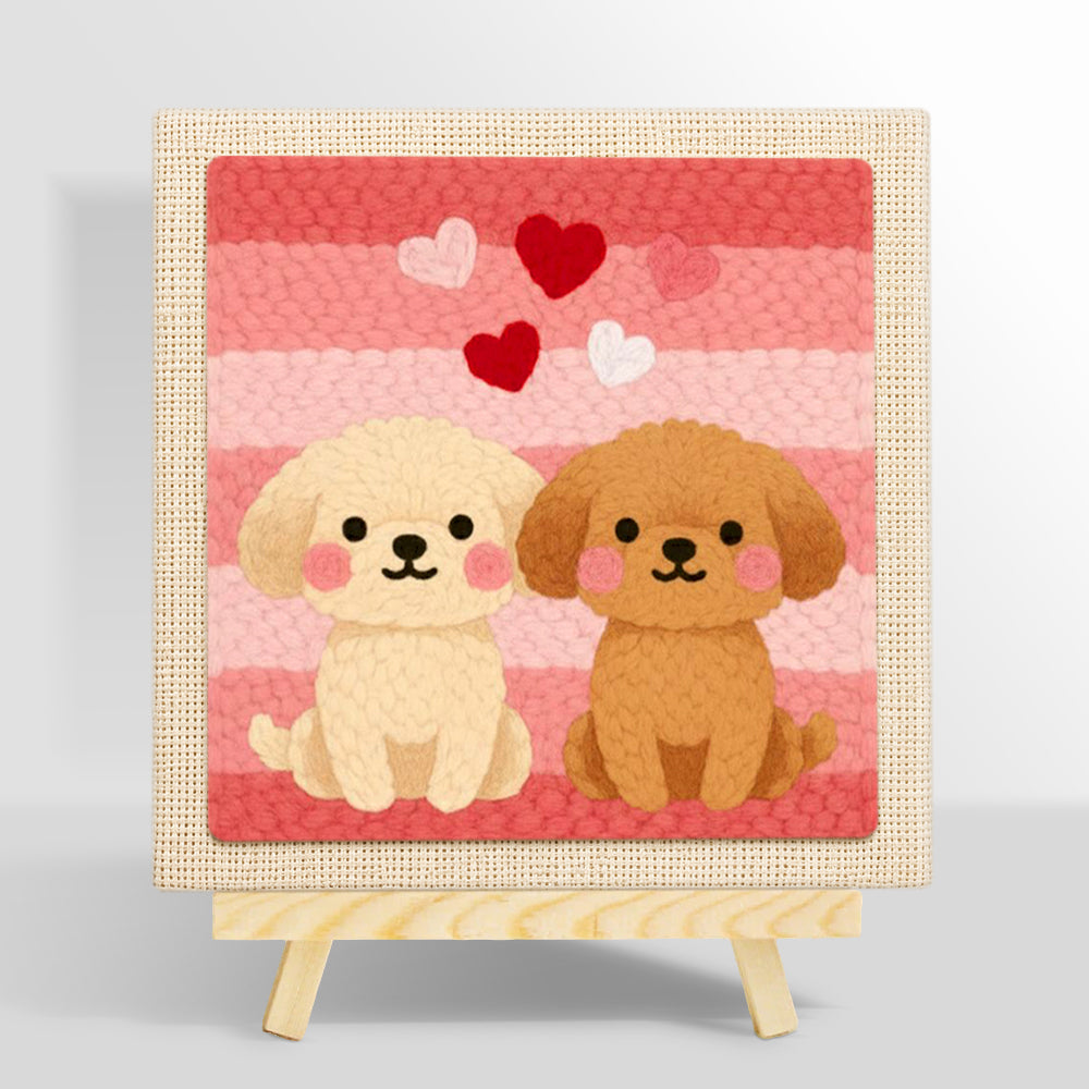 Sitting puppies and romantic hearts punch needle kit for beginners