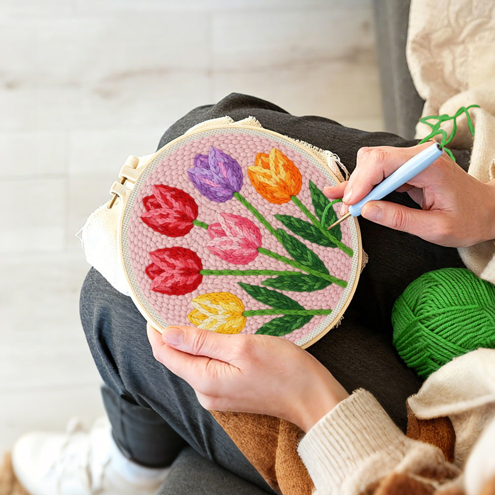 Creating handmade six vibrant tulips punch needle artwork