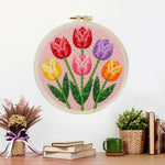 Finished six vibrant tulips artwork displayed on a wall
