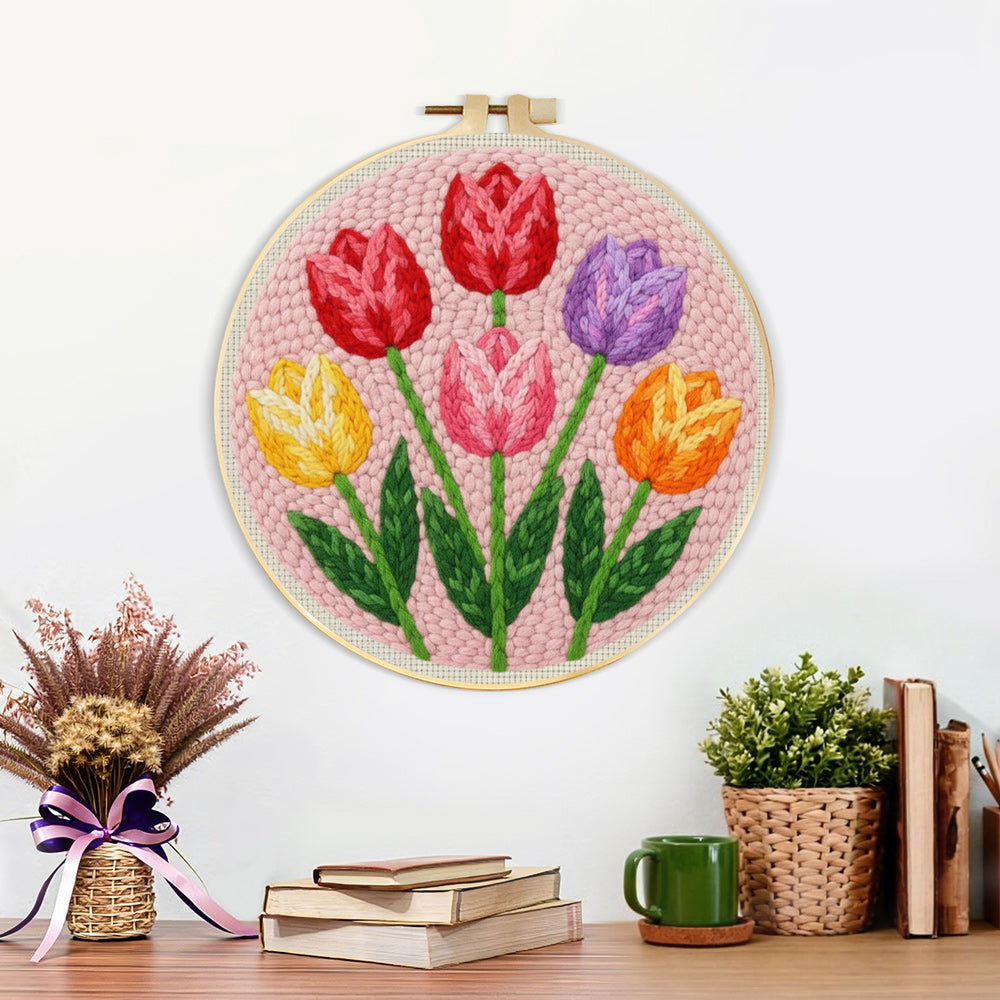 Finished six vibrant tulips artwork displayed on a wall